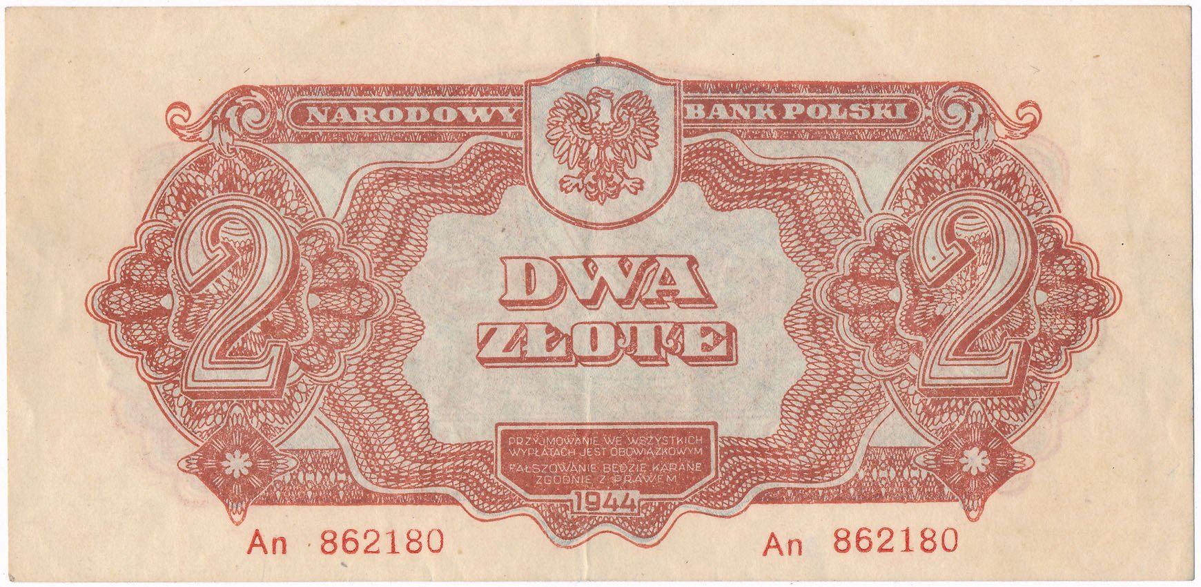 Banknot. 2 złote 1944 seria An OBOWIĄZKOWYM
